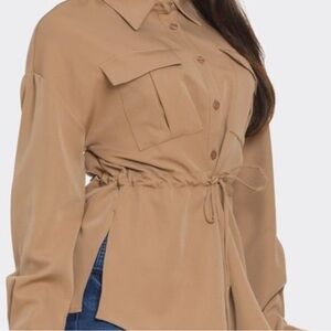 Tan Button-Up Shirt with Drawstring Waist